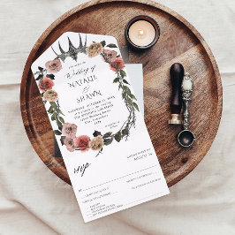 Invitación Todo En Uno Boda floral rosa y negra de la corona de Halloween