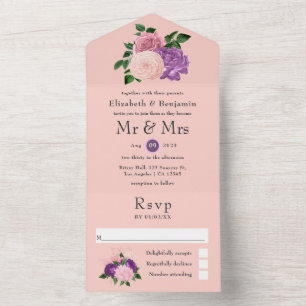 Invitación Todo En Uno Boda floral rosa y púrpura de melocotón todo en un