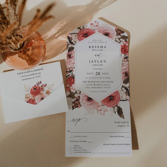 Invitación Todo En Uno Boda floral rosa y rosa rojo 2 (Subido por el creador)
