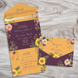 Invitación Todo En Uno Boda floral rubio morado amarillo