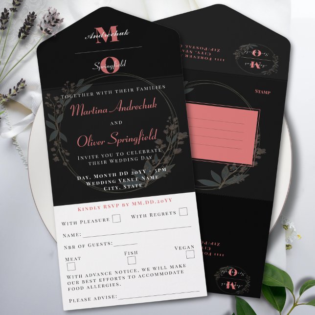 Invitación Todo En Uno Boda floral Rubor negro clásico (Subido por el creador)