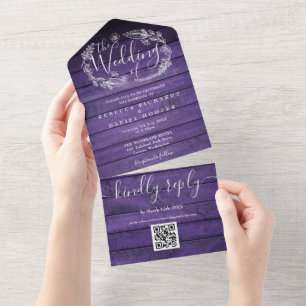 Invitación Todo En Uno Boda floral Rusple Purple Barn Wood QR Code