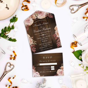 Invitación Todo En Uno Boda Floral Rustic Wood and String Lights