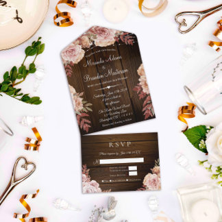 Invitación Todo En Uno Boda Floral Rustic Wood and String Lights