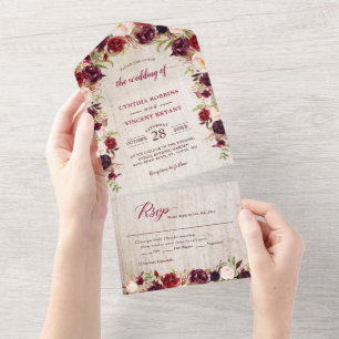 Invitación Todo En Uno Boda floral Rustic Wood Marsala (no se necesita EN