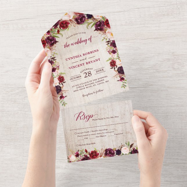 Invitación Todo En Uno Boda floral Rustic Wood Marsala (no se necesita EN (desgarro)