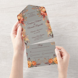 Invitación Todo En Uno Boda Floral Rústica Acuarela de Otoño