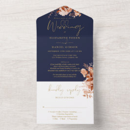 Invitación Todo En Uno Boda Floral Rústica Azul Marino Y Detalles Dorados