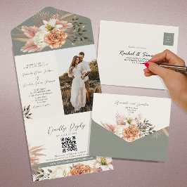Invitación Todo En Uno Boda Floral Rústica Boho Verde Salvia