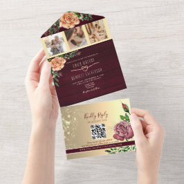 Invitación Todo En Uno Boda Floral Rústica Borgoña Fotos
