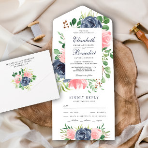 Invitación Todo En Uno Boda floral rústica con rosa sonrojado y azul mari