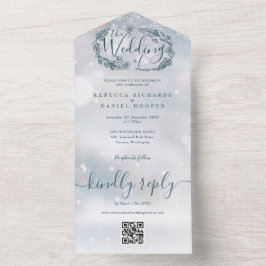 Invitación Todo En Uno Boda Floral Rústica Copo de Nieve Código QR