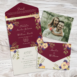 Invitación Todo En Uno Boda Floral Rústica de Borgoña