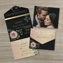 Invitación Todo En Uno Boda Floral Rústica de Negro y Rosa