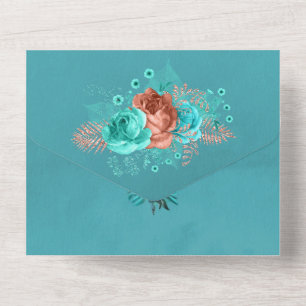Invitación Todo En Uno Boda Floral Rústica Turquesa y Coral