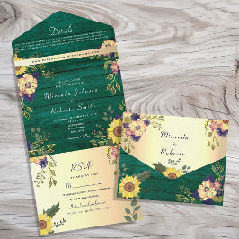 Invitación Todo En Uno Boda Floral Rústica Verde Esmeralda