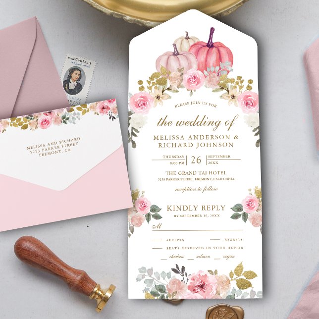 Invitación Todo En Uno Boda floral Rústico de calabaza rosa y dorada (Subido por el creador)
