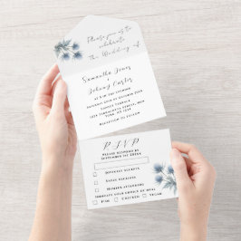 Invitación Todo En Uno Boda floral simple escocesa Thistle azul