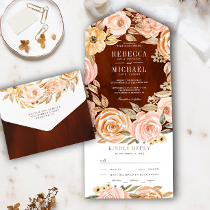 Invitación Todo En Uno Boda Floral Terrosa Otoñal Rústica Naranja Quemada