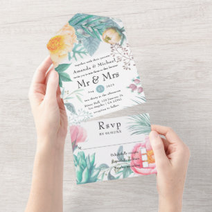 Invitación Todo En Uno Boda floral tropical de pastel polvoriento