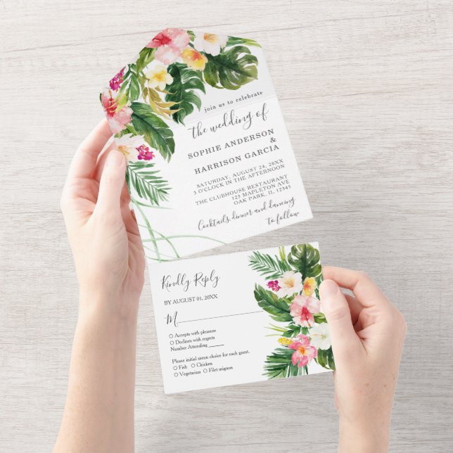 Invitación Todo En Uno Boda floral tropical hawaiano rosa Hibiscus (desgarro)