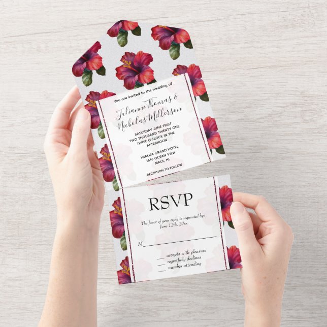 Invitación Todo En Uno Boda Floral Tropical Rojo Hibiscus (desgarro)
