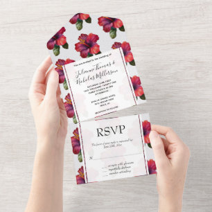 Invitación Todo En Uno Boda Floral Tropical Rojo Hibiscus