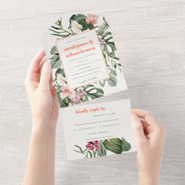 Invitación Todo En Uno Boda Floral Tropical Vibrante Peach Rubor Boho