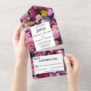 Invitación Todo En Uno Boda floral veraniego de flores rosadas elegantes