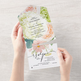 Invitación Todo En Uno Boda floral verde rosa blanco