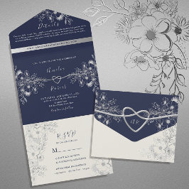 Invitación Todo En Uno Boda Floral Vintage de Azul Marino y Plata