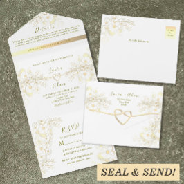 Invitación Todo En Uno Boda Floral Vintage de Oro