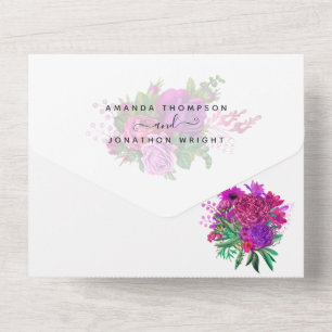 Invitación Todo En Uno Boda Floral Vintage Rosa Fucsia y Morado Desgastad