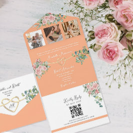 Invitación Todo En Uno Boda Floral Vintage Rosa Melocotón