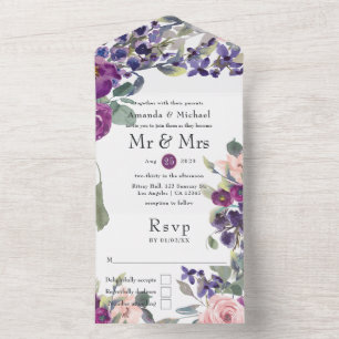 Invitación Todo En Uno Boda floral violeta y ciruela