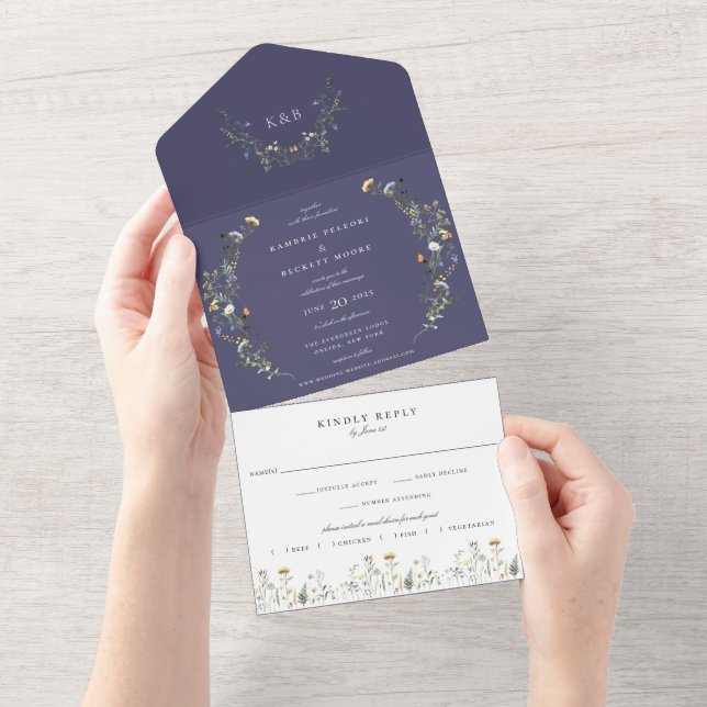 Invitación Todo En Uno Boda floral Wild Meadow Azul (desgarro)