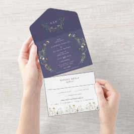 Invitación Todo En Uno Boda floral Wild Meadow Azul