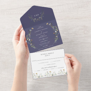 Invitación Todo En Uno Boda floral Wild Meadow Azul