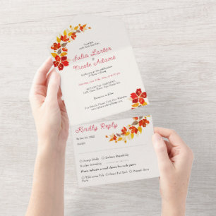 Invitación Todo En Uno Boda Florales de Hibisco Tropical Naranja Quemada
