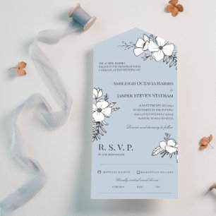 Invitación Todo En Uno Boda Flores Bonitas Blancas y Azules de Paloma