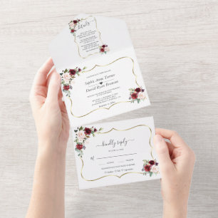 Invitación Todo En Uno Boda Flores Rosadas Cuadro Dorado