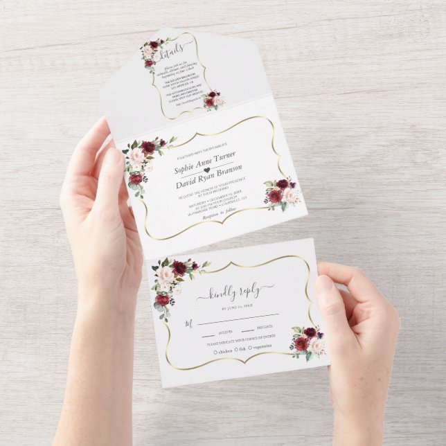 Invitación Todo En Uno Boda Flores Rosadas Cuadro Dorado  (desgarro)