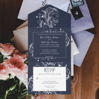 Invitación Todo En Uno Boda Flourish De Azul De La Marina Todo En Una Inv