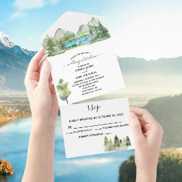 Invitación Todo En Uno Boda Forest Watercolor River Mountain al aire libr