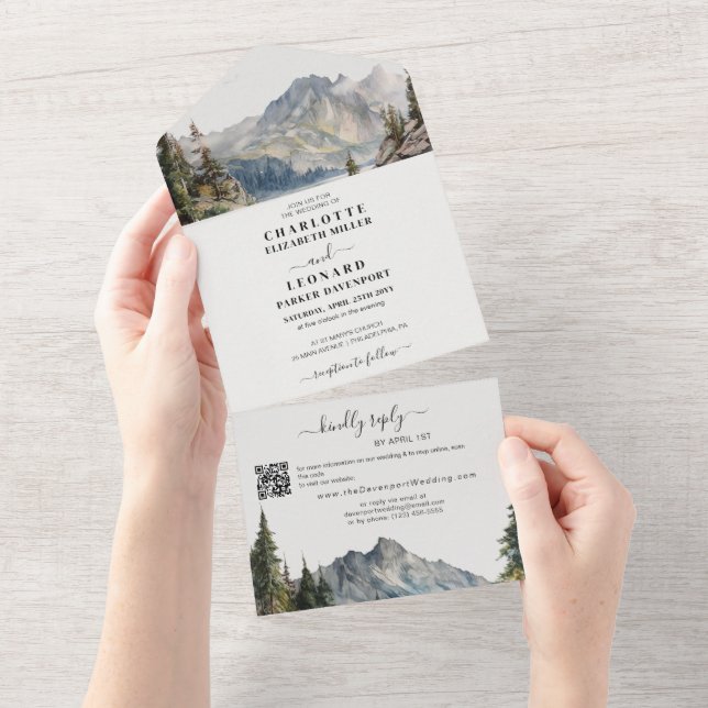 Invitación Todo En Uno Boda Forestal de Montaña Código Qr Rsvp (desgarro)