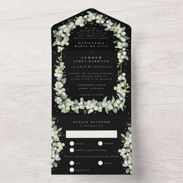 Invitación Todo En Uno Boda Formal Black Snowberry+Eucalyptus (Interior)