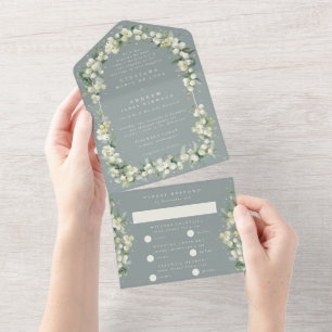 Invitación Todo En Uno Boda formal Blue-Green Snowberry+Eucalyptus