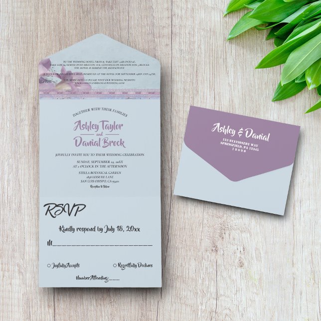 Invitación Todo En Uno Boda Formal Brillante Ornada Púrpura Chic Elegante (Subido por el creador)