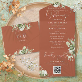 Invitación Todo En Uno Boda Formal Código QR Floral Terracota