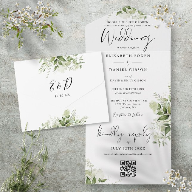 Invitación Todo En Uno Boda Formal Código QR Negro Y Blanco Floral (Floral Black And White QR Code Formal Wedding All In One Invitation)